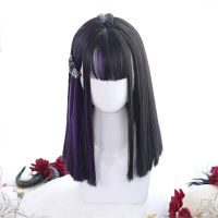 Cosplaysalon Lolita 40CM Half Ombre Black Mixed Purple Bangs Bob Medium Straight Halloween Synthetic Party Cosplay Wig Gift ของขวัญ