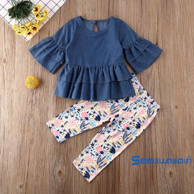 ❥☀✿SEEBaby Girl Clothes 2Pcs Ruffle Outfits for Fall Long Sleeve Ruffle Denim Tops + Floral Pants Set