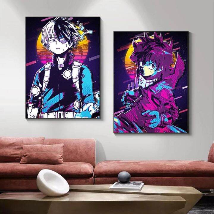my-hero-academia-anime-โปสเตอร์-retro-neon-ตัวการ์ตูน-todoroki-deku-ภาพวาดผ้าใบภาพผนังศิลปะสำหรับตกแต่งบ้าน