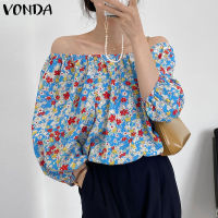 VONDA เสื้อลำลองผู้หญิงไหล่ข้างเดียว3/3แขนเสื้อครอปลายดอกไม้ (สาเหตุเกาหลี)