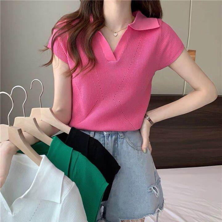 🍉 เสื้อยืดไหมพรม แขนกุด คอปกเปิดหน้าวี สีสันสดใส ผ้าร่อง เข้าชุดง่าย ...