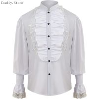 Gothic Punk Shirt Lace Ruffle Blouse Mens Halloween Pirate Vampire Costume Tops Victoria Jabot Tops Renaissance For S-4XL