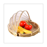 Food Bamboo Food Serving Tent Basket Hand-Woven Basket Serving Dustproof Round Picnic Basket Vegetable Fruits Bread