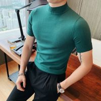 Korean Mens Half Turtleneck Sweater Short SleeveT-Shirt Youth Pullover FashionColor Knit Sweater