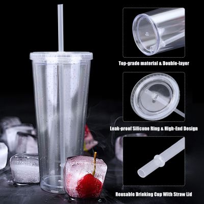 【High-end cups】 ความจุสูงขวดน้ำนำมาใช้ใหม่ฤดูร้อนดื่มถ้วยที่มีฝาฟางสองชั้นกลางแจ้งกีฬา Drinkware น้ำเย็นถ้วยน้ำผลไม้