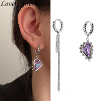 【【♡บ้านสาวน่ารัก♡】 Retro Amethyst Love Heart Hoop ต่างหูสำหรับผู้หญิง Asymmetric Ear Studs Luxury Vintage อุปกรณ์เสริม Party เครื่องประดับ