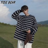 TIDE BEAR เสื้อยืดผู้ชายเสื้อกีฬาคอกลม Minimalist Ins ทันสมัยเสื้อยืดลายทางเยาวชนนิยมฤดูใบไม้ผลิและฤดูใบไม้ร่วง