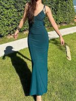 Women Ele Backless Dresses Sleeveless Off Shoulder Hanging Neck Pleated Decoration Solid Color Cal Party Long Midi Dress