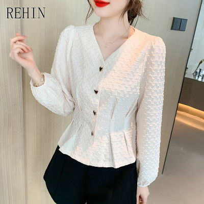 REHIN ผู้หญิงฤดูใบไม้ร่วงใหม่เวอร์ชั่นเกาหลีของช่วงกว้างคอวีแขนฟองเสื้อแขนยาวเสื้อแนวโน้ม