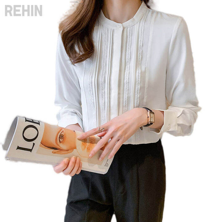 rehin-เสื้อเชิ้ตแขนยาวคอกลมสีขาวสำหรับผู้หญิง-เสื้อเบลาส์ทรงสลิมฟิตใหม่ฤดูใบไม้ผลิปี2022