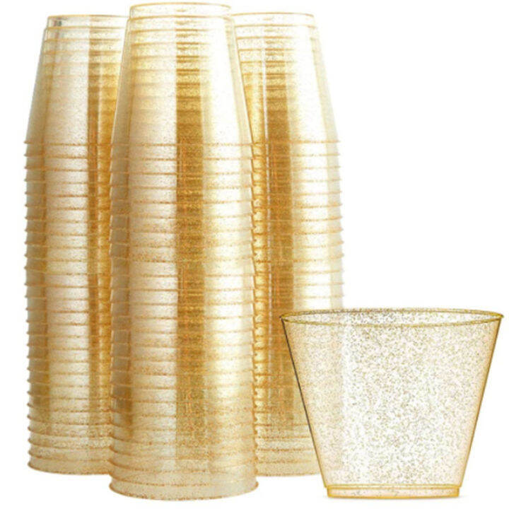Disposable Gold Glitter 9OZ Plastic Cups Clear Plastic Tumblers Wedding ...