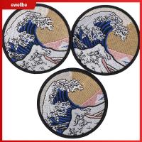 EWELLBE 3pcs รีดบน แพทช์ญี่ปุ่น 9ซม. ค่ะ เดอะเกรทเวฟออฟ แพทช์ The Great WAVE OFF เย็บบนป้าย โพลีเอสเตอร์ งานปัก applique งานฝีมือเสื้อผ้า DIY