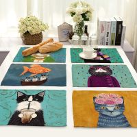 【LZ】▬☃☜  32x42cm Cute Cat Cartoon Animal Dining Mat Cotton Linen Place Mat Drink Coaster Cup  Kitchen Accessories