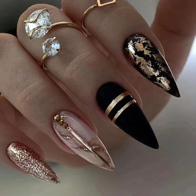 24Pcs Long Stiletto Press on Nails Box Acrylic False Nails with Almond Designs Black Gold Foil French Full Cover Fake Nail Tips Shoes Accessories