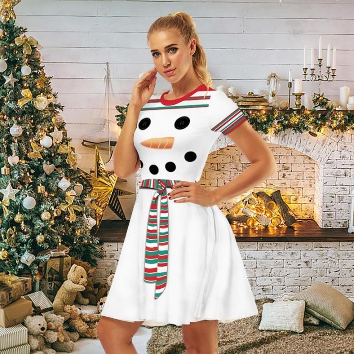 cos-imitation-แขนสั้น-snowman-ชุดลำลอง-a-line-ชุดเดรสคอกลมสำหรับวันหยุดสำหรับเครื่องแต่งกายคริสต์มาส