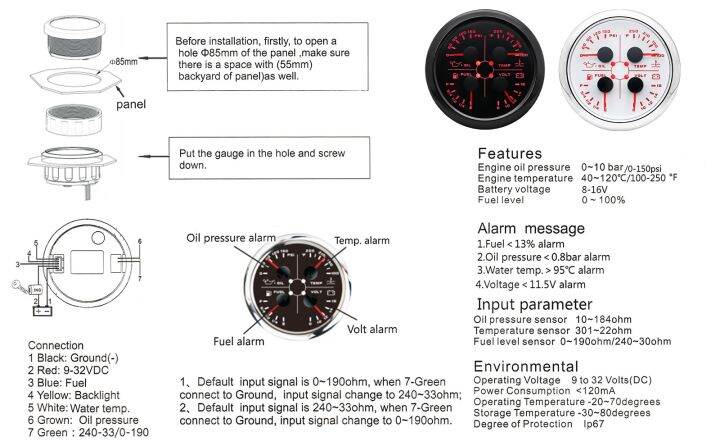อุณหภูมิน้ำ85มม-กดน้ำมัน-ure-ระดับน้ำมันเชื้อเพลิง-มาตรวัดแรงดันไฟฟ้า4-in-1เมตรพร้อมเซ็นเซอร์กดน้ำมันเตือน1-8npt-สำหรับรถยนต์เรือยอชท์
