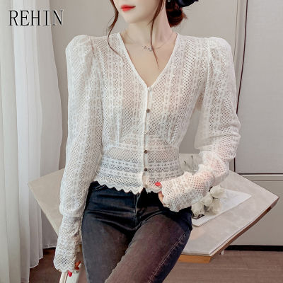 REHIN ผู้หญิงฤดูใบไม้ร่วงใหม่ออกแบบ V คอยาวแขนเสื้อ Bubble Sleeve กระชับเอวลูกไม้บางแนวโน้มเสื้อ