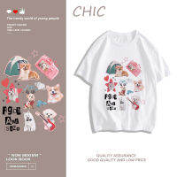 CHIC ผ้าฝ้ายแท้ เสื้อยืดแขนสั้นพิมพ์ลายการ์ตูนลำลอง A2177