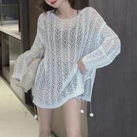 Spot parcel post Hollow Thin Top for Women 2023 Summer Loose Thin Comfortable Long Sleeve Sun Protection Knitted Blouse Mid-Length