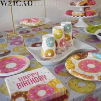 ❦ WEIGAO Donut Party Plate Cup Napkins Tablecloth Banner Birthday Party Disposable Tableware Set 1st Birthday Decor Party Supplies