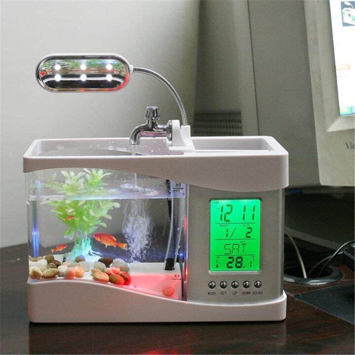 Mini USB Aquarium Desktop with LCD Display Fish Tank LED Clock Table ...