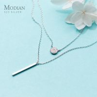 Modian Sterling Silver 925 Shining Zircon Disc Geometric Stick Pendant Necklace for Women Double Layer Necklaace Fine Jewelry