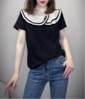 Korean Version Of Contrast Doll Collar Short Sleeve Small Slim Joker T-Shirt Women Europe Station 2022 Summer New