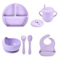 4/5/7PCS Soft Silicone Baby Feeding Dishes Sucker Bowl Plate Cup Bibs Spoon Fork Sets Non-slip Childrens Tableware BPA Free Bowl Fork Spoon Sets