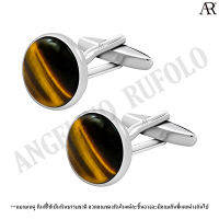 ANGELINO RUFOLO Cufflink(คัฟลิงค์) ดีไซน์ Tigerseye Circle กระดุมข้อมือคัฟลิ้งโรเดียมคุณภาพเยี่ยม ตัวเรือนสีเงิน ประดับตกแต่งด้วย Tigerseye