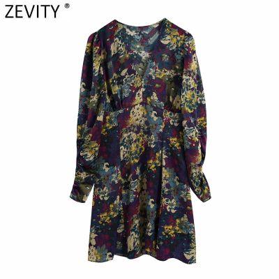 Zevity New Spring Women Sweet V Neck Floral Print A Line Mini Dress Ladies Pleats Puff Sleeve Casual Slim Kimono Vestido DS4860