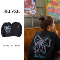 เสื้อสเวตเตอร์คอกลมผู้หญิง SELVZE ผ้าฝ้าย100% ลายกุทัณฑ์พิมพ์เสื้อสวมหัวคุณภาพสูงแฟชั่น Top