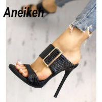 Aneikeh 2022 Fashion y Gladiator Summer PU Women Sandals Thin High Heels Sandals Slip-On Opinted Toe Black Dress Size 35-40