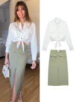 ❈◇☽ Women Skirt Suit High Waist Metal Clip Buckle Side Zip Skirts Front Patch Pockets With Flaps Long Sleeves Short Shirt Sets