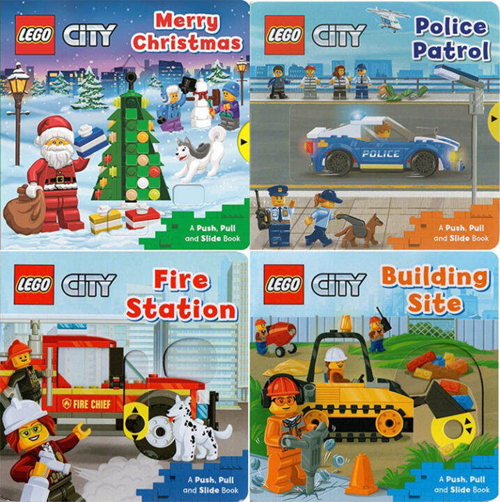 original-english-l-e-g-o-fire-station-building-site-merry-christma-police-patro-4-volumes-l-e-g-o-mechanism-operation-book-paper-board-book-childrens-enlightenment-push-pull-activity-toy-book