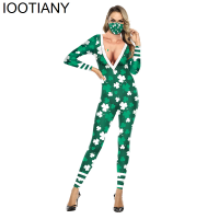 IOOTIANY Irish Festival Bodysuits Mans Long Sleeve Costumes Suit Four Leaf Clover Print Women St. Patrick S Day Party Jumpsuit