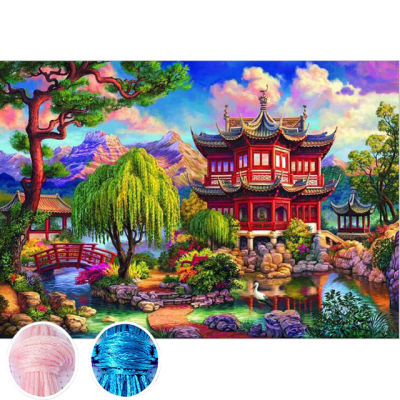 เย็บปักถักร้อยพิมพ์ความแม่นยำปักครอสติส “Dream Cottage Garden ทิวทัศน์ของ Xiaoqiao Liusui Villa ”เย็บปักถักร้อยเต็มรูปแบบ Cross Stitch Wall StickerHome Decor