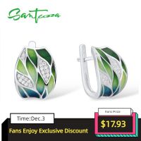 SANTUZZA Silver Earrings For Women Genuine 925 Sterling Silver Green Bamboo leaves Shiny White CZ Fine Jewelry Handmade Enamel