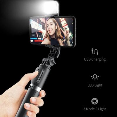 Selfie Stick พร้อมขาตั้งกล้องสำหรับ Android ศัพท์มือถือ Stand Holder Pole Smartphone Bluetooth Monopod LED Light Rod escopic