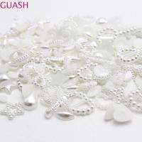 GUASH 100PCS เรซิน ABS ตกแต่ง DIY หัวใจดาว สีขาวสีฟ้าสีเบจสีชมพู Rhinestones Pearl Art Flatback Beads โบว์ดอกไม้ ไข่มุกเอเลี่ยน