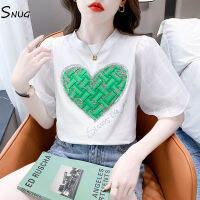 SNUG เสื้อยืดแขนสั้นสำหรับผู้หญิงคอกลม2023ฤดูร้อน Explosive ใหม่เซ้นส์อาวุโสของเกาหลีแขนพองลดอายุสว่านร้อนน่ารัก