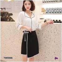 P9996 Set เสื้อแขนศอกคอปก + กระโปรงป้ายหน้า Set elbow sleeve shirt + front label skirt