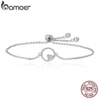 BAMOER Genuine 925 Sterling Silver Sweetheart Heart In Circle Chain Bracelets For Women Luxury Authentic Silver Jewelry SCB020