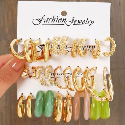 【CC】 5Pairs Twist Hoop Earrings Set Hollow Dangle for Metal Gold Color Stud Jewelry