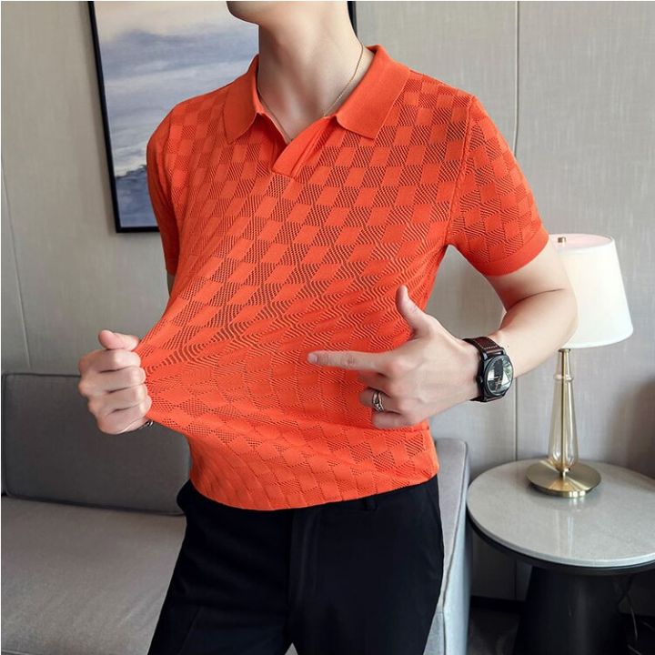 Men Transparent Mesh Knitted Polo Shirt 2022 Summer Short Sleeve V-Neck  Hollow Tee Tops Male Casual Plaid Elastic Polo Shirts