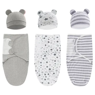 2ชิ้นผ้าฝ้ายทารกแรกเกิด Sleepsack เด็กพันผ้าห่มห่อหมวกชุดทารกปรับใหม่เกิดถุงนอนมัสลินผ้าห่ม0-6เมตร