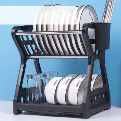 2021 New Double-layer Kitchen Dish Bowl Draining Storage Rack with Chopstick Cage Household Tableware Organizer Tray Box Basket