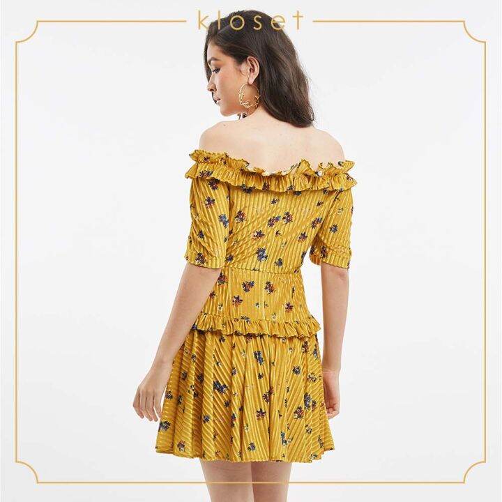 kloset-floral-pleated-dress-with-ruffle-aw19-d004-เสื้อผ้าผู้หญิง-เสื้อผ้าแฟชั่น-เดรสแฟชั่น-เดรสผ้าพิมพ์