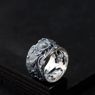 [COD] Golden Deer King แหวนเงินแท้ย้อนยุคทำเก่าแหวนเงินผู้หญิงลายนูนสไตล์จีนดอกโบตั๋นโคลเวอร์สี่ใบแหวนเงิน
