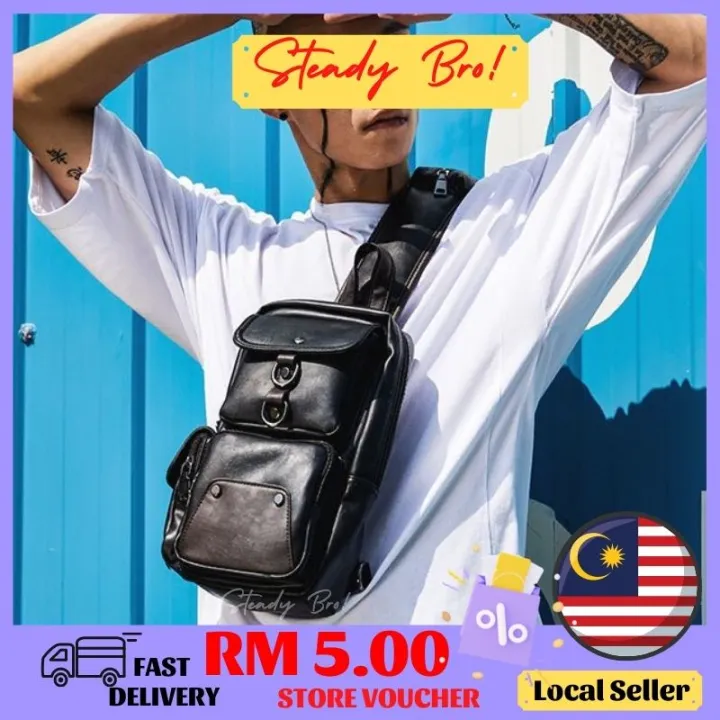 Malaysia Stock] 🇲🇾 Men's Leather Waist Pouch Chest Bag Cross Sling Travel  Shoulder Bag Kulit Halal