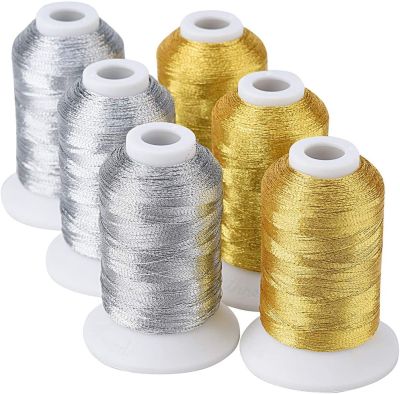 Simthread 6 Spools Metallic Embroidery Machine Thread (3 Gold+ 3 Silver Colors) 500M(550Y) for Embroidery Cross Stitch etc